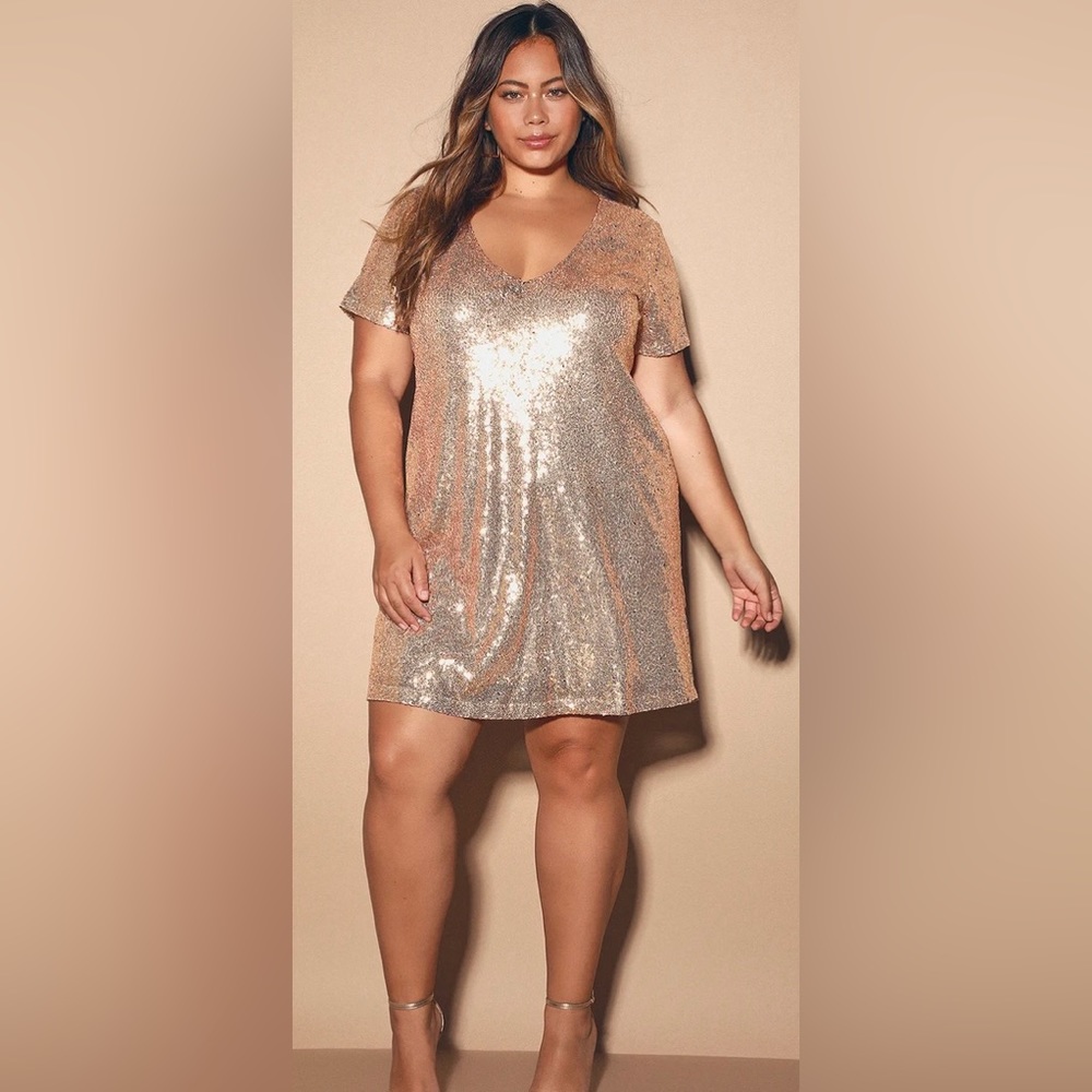 Lulus Light Up the Night Champagne Sequin Shift Dress, Size 1X
